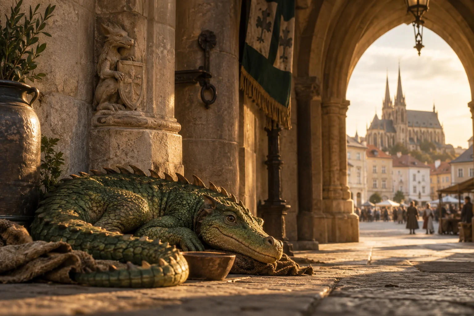 AI ilustrace: AI ilustrace krokodýlího draka v gotickém průjezdu, inspirovaná brněnskou pověstí.